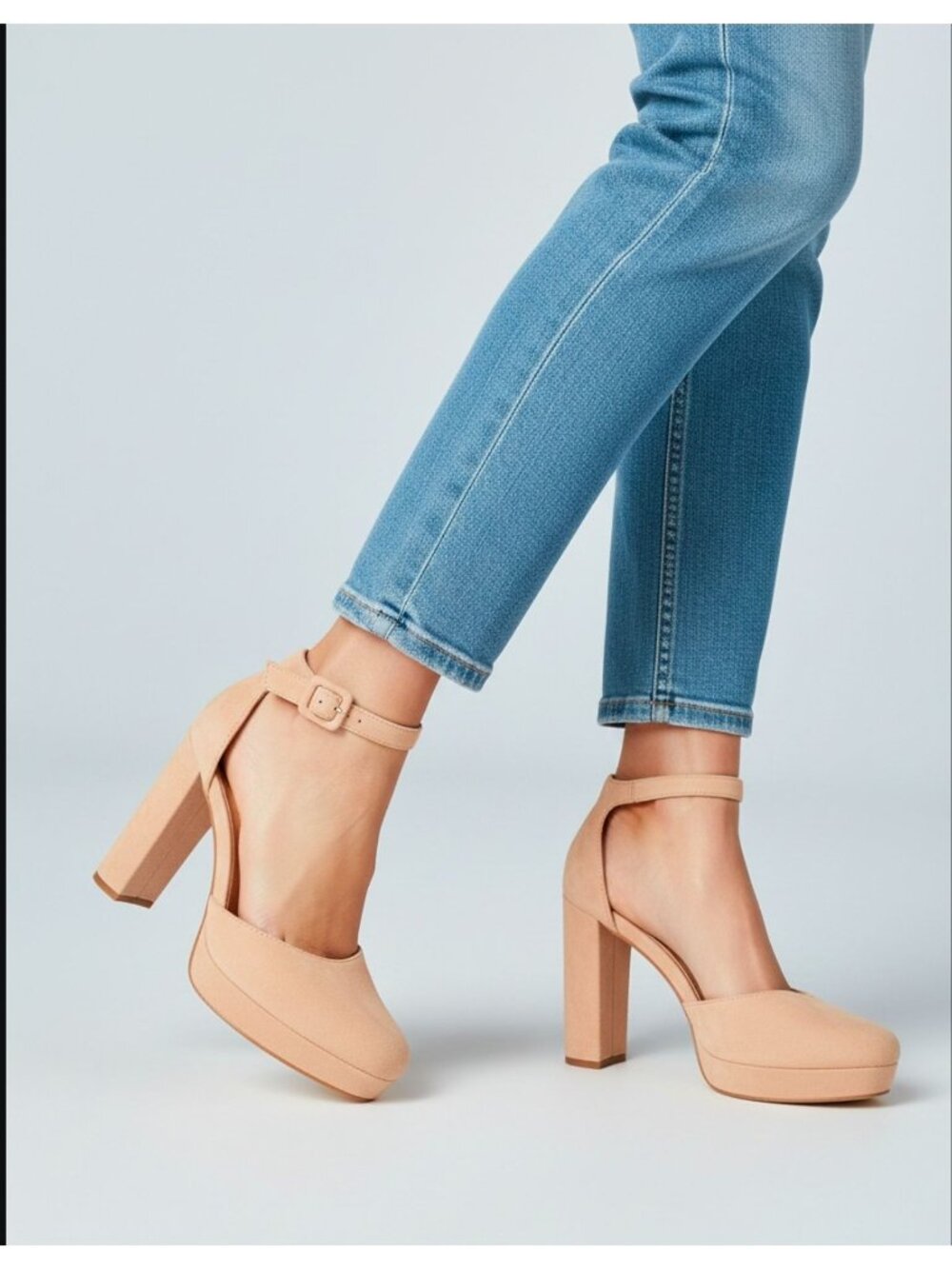 Nude Platform Block Heel Ankle Strap Pumps For Women Faux Suede Material